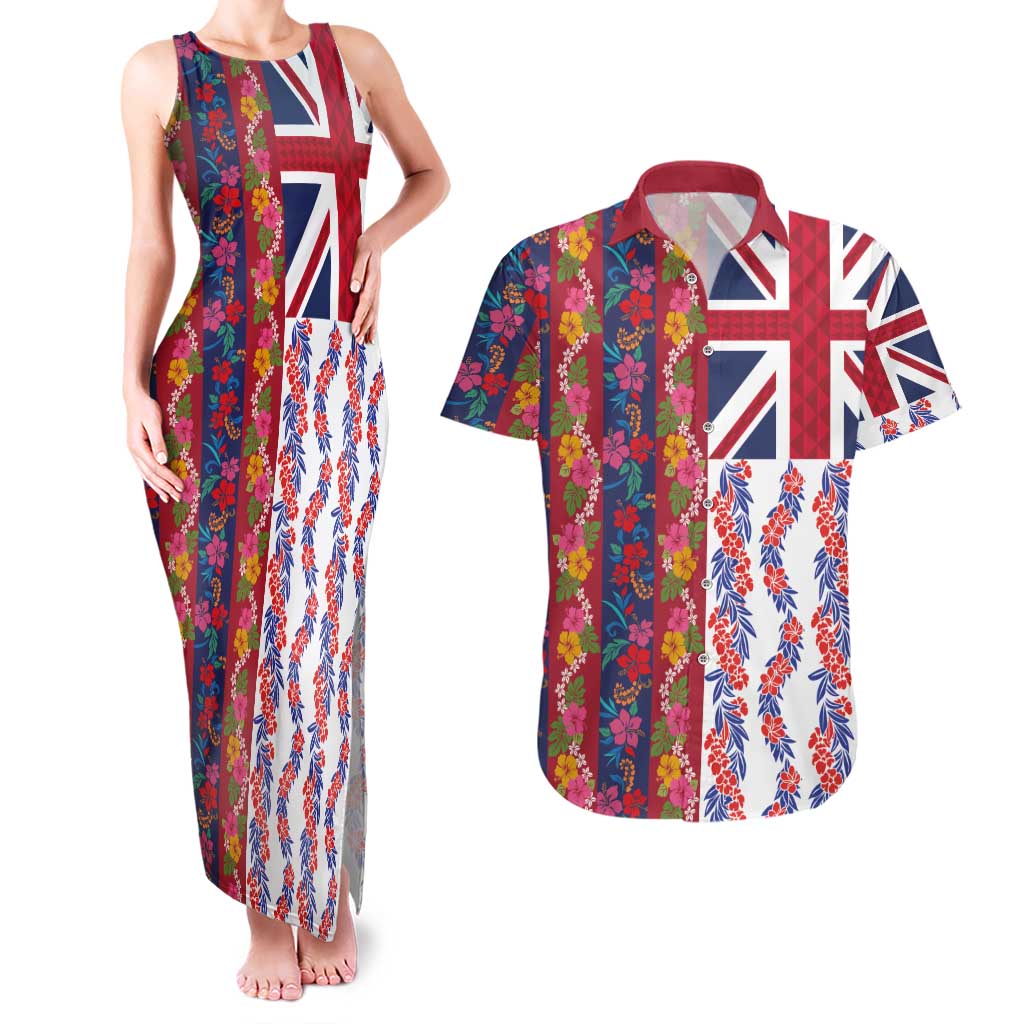Hawaiian Lei Couples Matching Tank Maxi Dress and Hawaiian Shirt National Flag Striped Style
