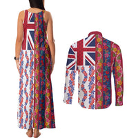 Hawaiian Lei Couples Matching Tank Maxi Dress and Long Sleeve Button Shirt National Flag Striped Style