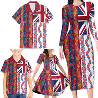 Hawaiian Lei Family Matching Long Sleeve Bodycon Dress and Hawaiian Shirt National Flag Striped Style