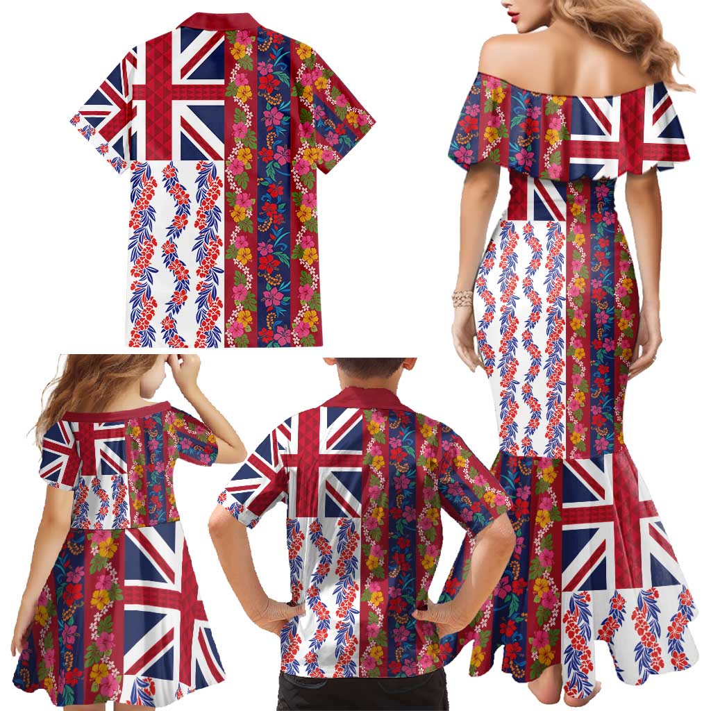 Hawaiian Lei Family Matching Mermaid Dress and Hawaiian Shirt National Flag Striped Style