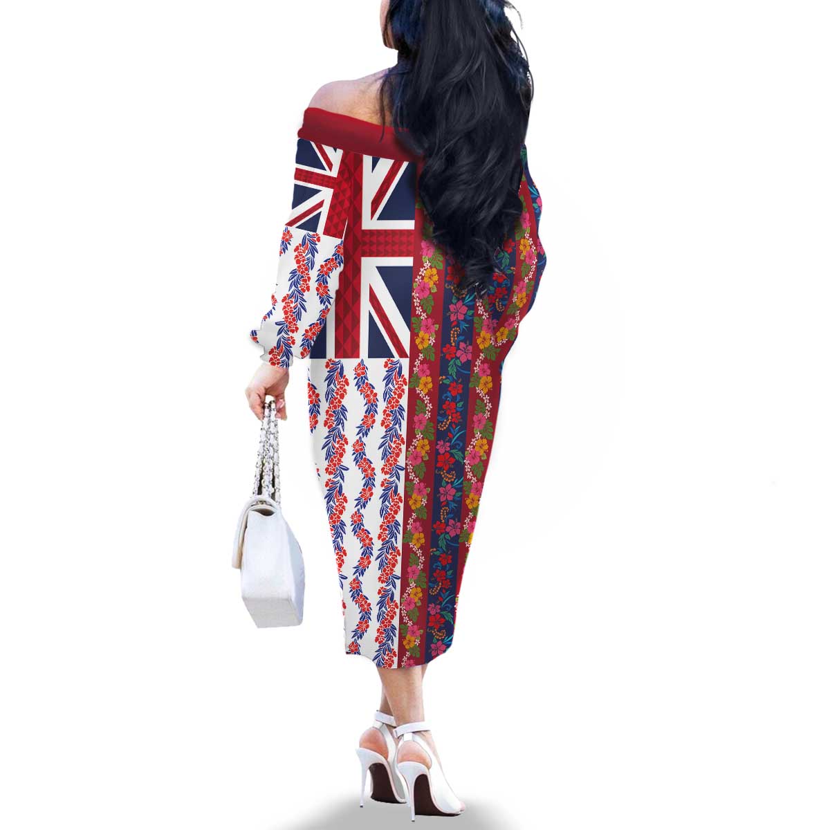 Hawaiian Lei Family Matching Off The Shoulder Long Sleeve Dress and Hawaiian Shirt National Flag Striped Style