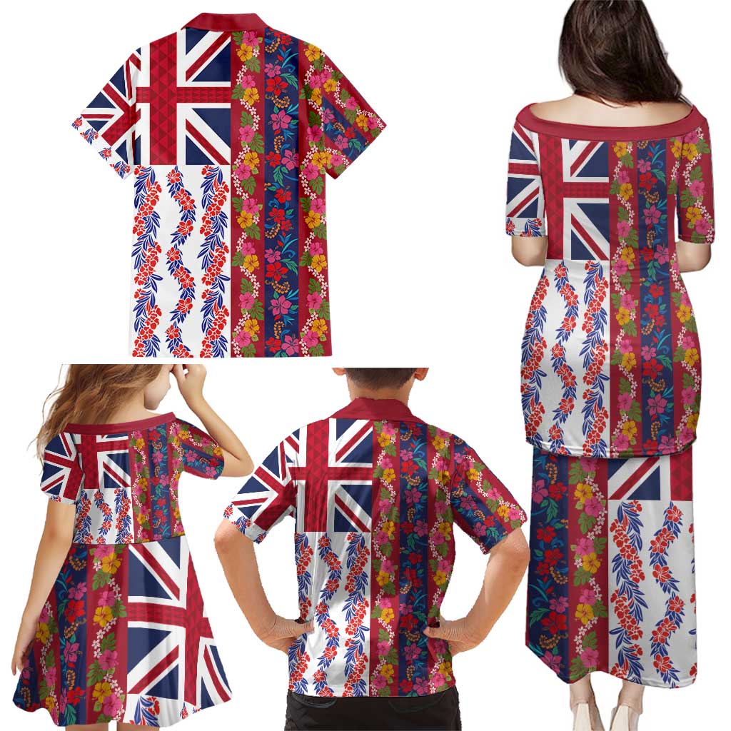 Hawaiian Lei Family Matching Puletasi and Hawaiian Shirt National Flag Striped Style