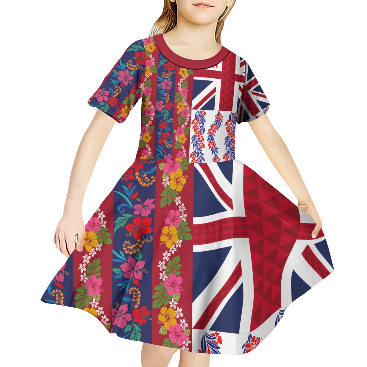 Hawaiian Lei Kid Short Sleeve Dress National Flag Striped Style
