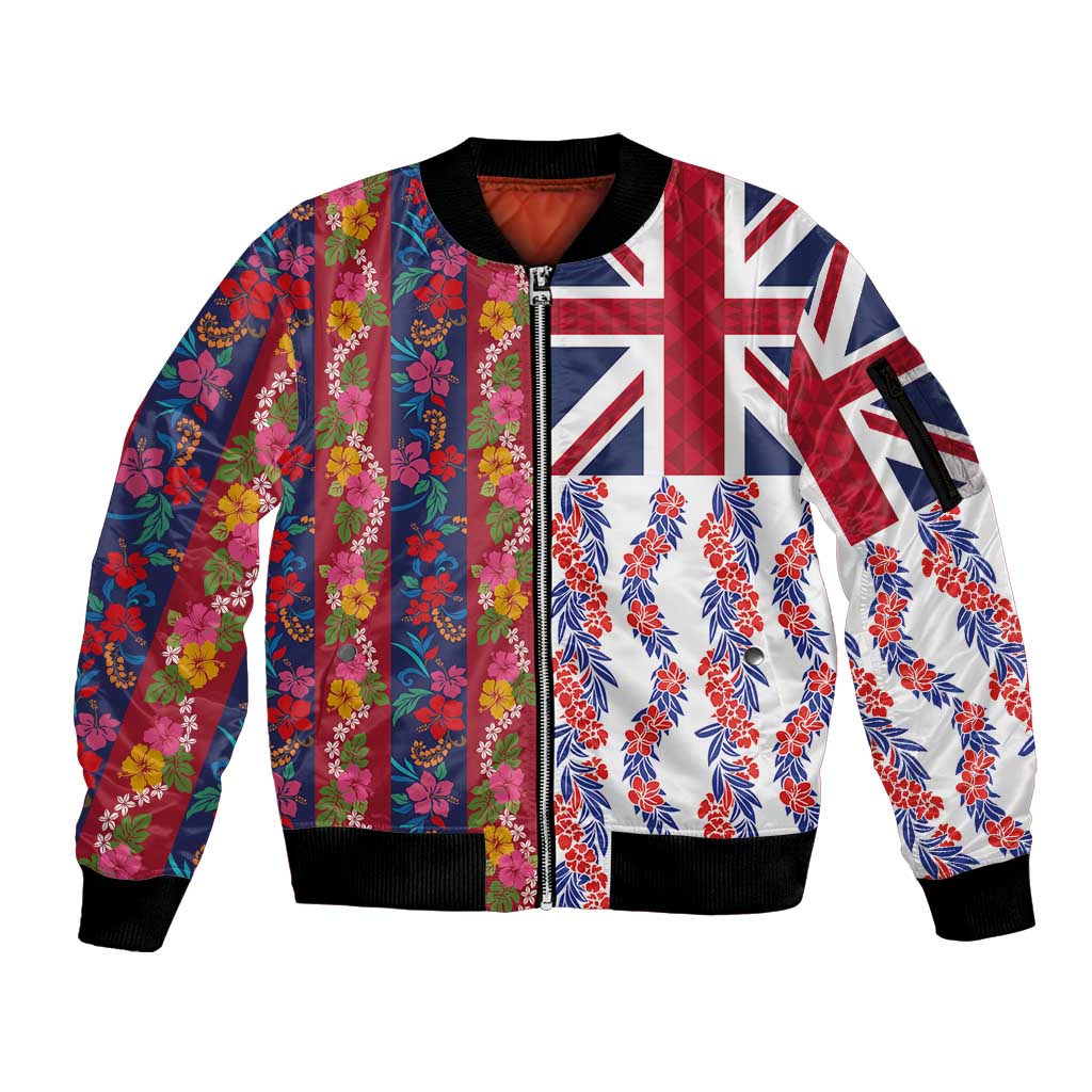 Hawaiian Lei Sleeve Zip Bomber Jacket National Flag Striped Style