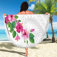 Hawaiian Hibiscus and Art Polynesian Tattoo Beach Blanket White Color