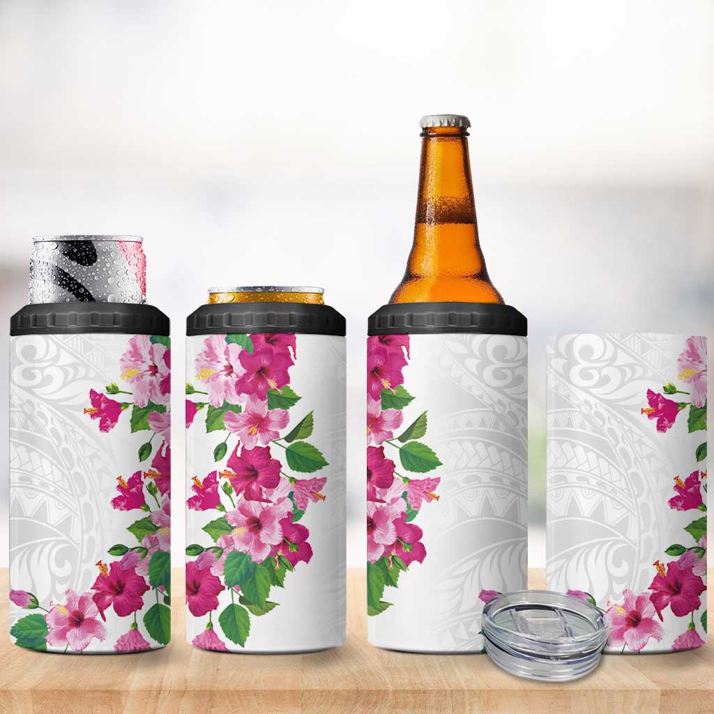 Hawaiian Hibiscus and Art Polynesian Tattoo 4 in 1 Can Cooler Tumbler White Color