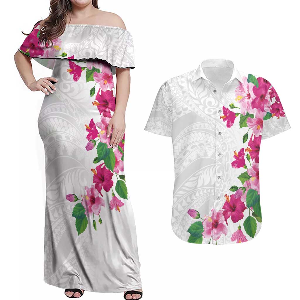 Hawaiian Hibiscus and Art Polynesian Tattoo Couples Matching Off Shoulder Maxi Dress and Hawaiian Shirt White Color