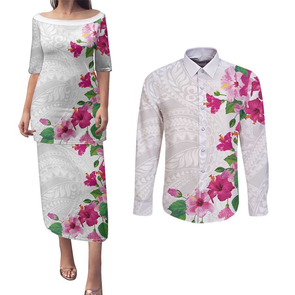 Hawaiian Hibiscus and Art Polynesian Tattoo Couples Matching Puletasi and Long Sleeve Button Shirt White Color
