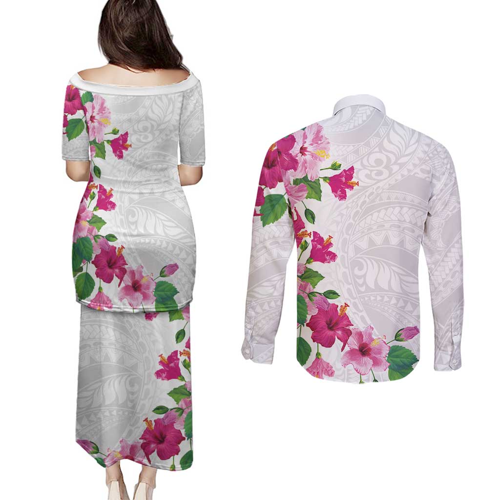 Hawaiian Hibiscus and Art Polynesian Tattoo Couples Matching Puletasi and Long Sleeve Button Shirt White Color