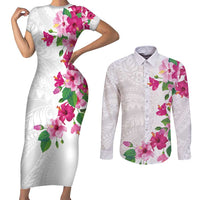Hawaiian Hibiscus and Art Polynesian Tattoo Couples Matching Short Sleeve Bodycon Dress and Long Sleeve Button Shirt White Color