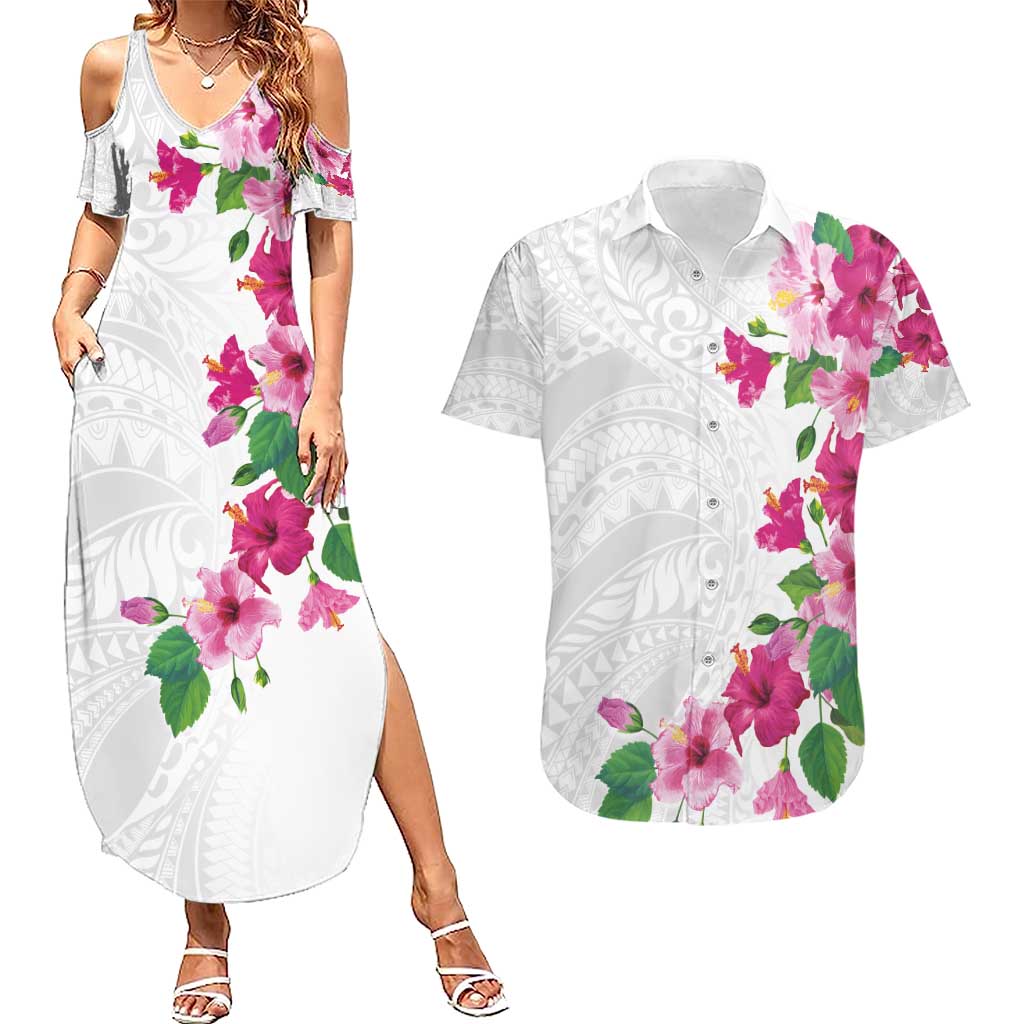 Hawaiian Hibiscus and Art Polynesian Tattoo Couples Matching Summer Maxi Dress and Hawaiian Shirt White Color