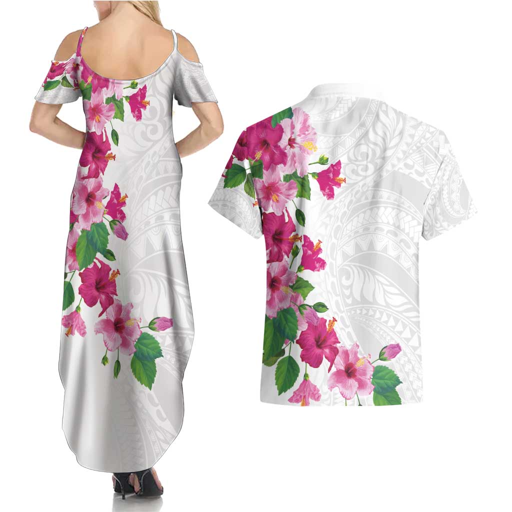 Hawaiian Hibiscus and Art Polynesian Tattoo Couples Matching Summer Maxi Dress and Hawaiian Shirt White Color LT03 - Polynesian Pride