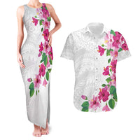 Hawaiian Hibiscus and Art Polynesian Tattoo Couples Matching Tank Maxi Dress and Hawaiian Shirt White Color