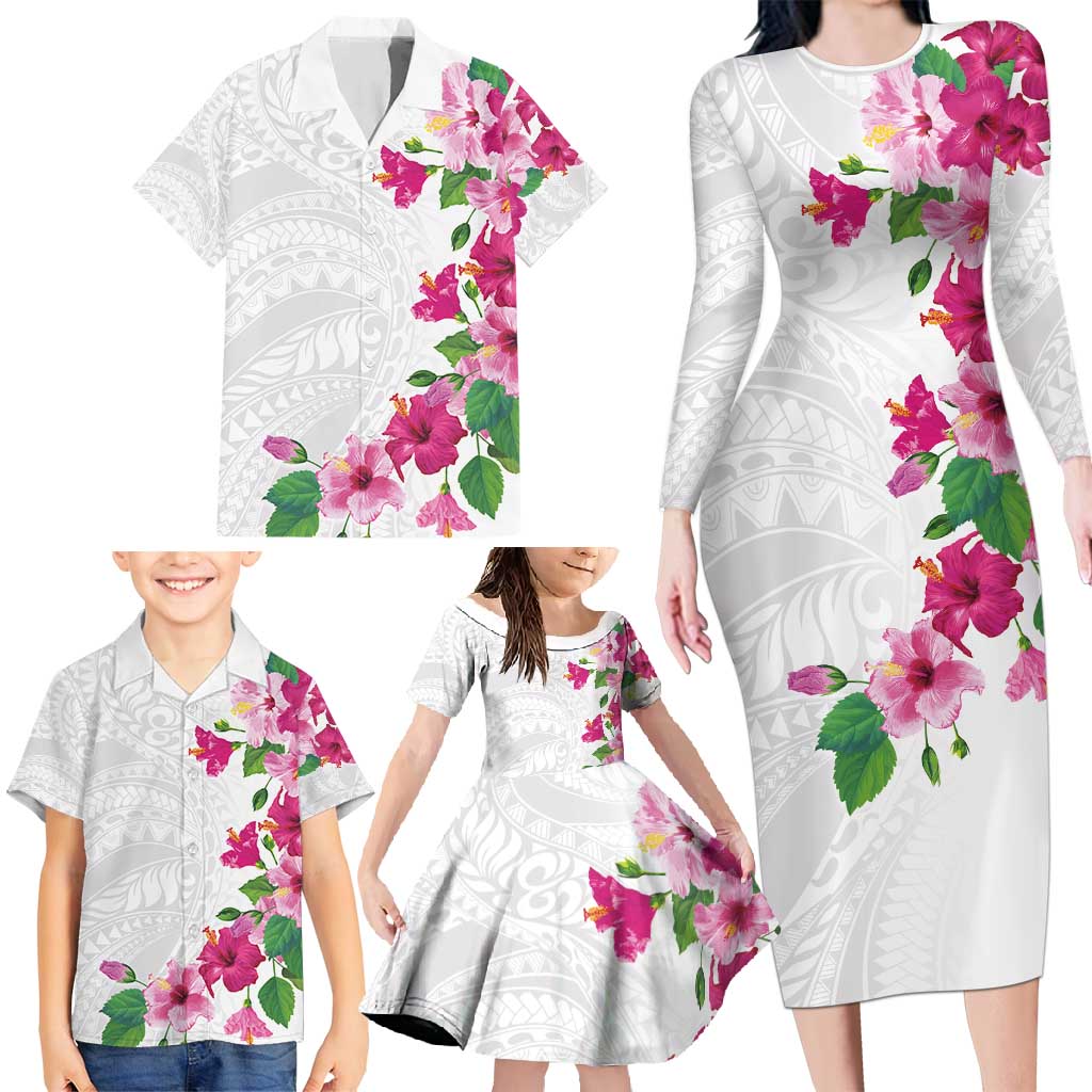 Hawaiian Hibiscus and Art Polynesian Tattoo Family Matching Long Sleeve Bodycon Dress and Hawaiian Shirt White Color LT03 - Polynesian Pride
