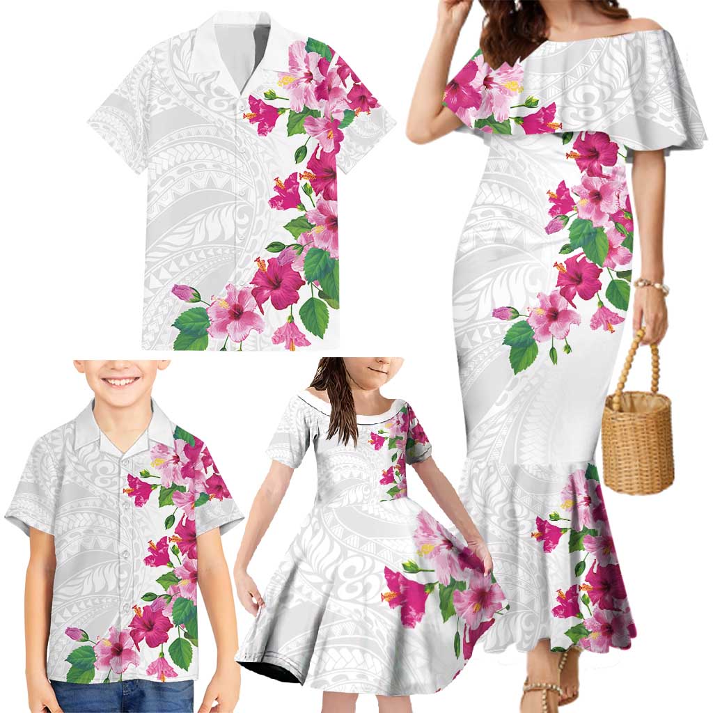 Hawaiian Hibiscus and Art Polynesian Tattoo Family Matching Mermaid Dress and Hawaiian Shirt White Color LT03 - Polynesian Pride