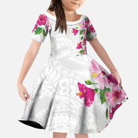 Hawaiian Hibiscus and Art Polynesian Tattoo Family Matching Off Shoulder Maxi Dress and Hawaiian Shirt White Color