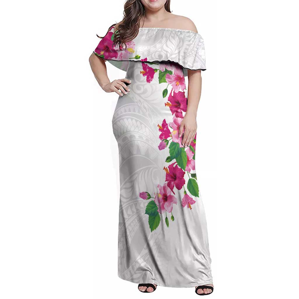 Hawaiian Hibiscus and Art Polynesian Tattoo Family Matching Off Shoulder Maxi Dress and Hawaiian Shirt White Color