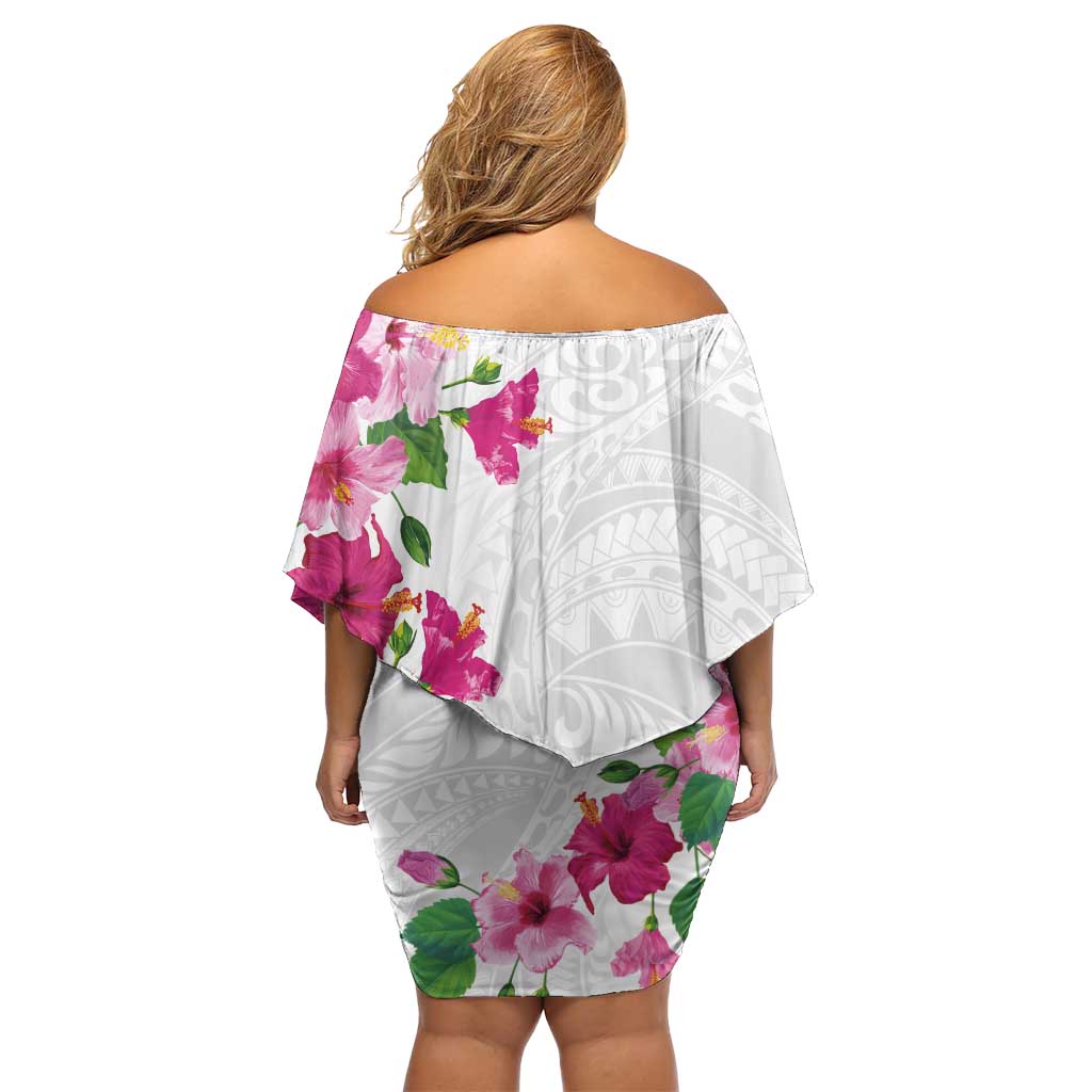 Hawaiian Hibiscus and Art Polynesian Tattoo Family Matching Off Shoulder Short Dress and Hawaiian Shirt White Color