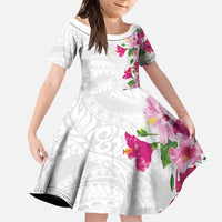 Hawaiian Hibiscus and Art Polynesian Tattoo Family Matching Puletasi and Hawaiian Shirt White Color LT03 Daughter's Dress White - Polynesian Pride