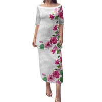 Hawaiian Hibiscus and Art Polynesian Tattoo Family Matching Puletasi and Hawaiian Shirt White Color LT03 Mom's Dress White - Polynesian Pride