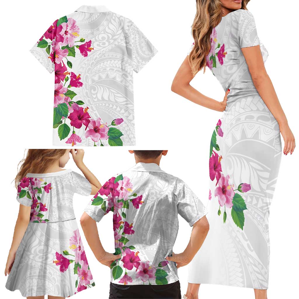 Hawaiian Hibiscus and Art Polynesian Tattoo Family Matching Short Sleeve Bodycon Dress and Hawaiian Shirt White Color LT03 - Polynesian Pride