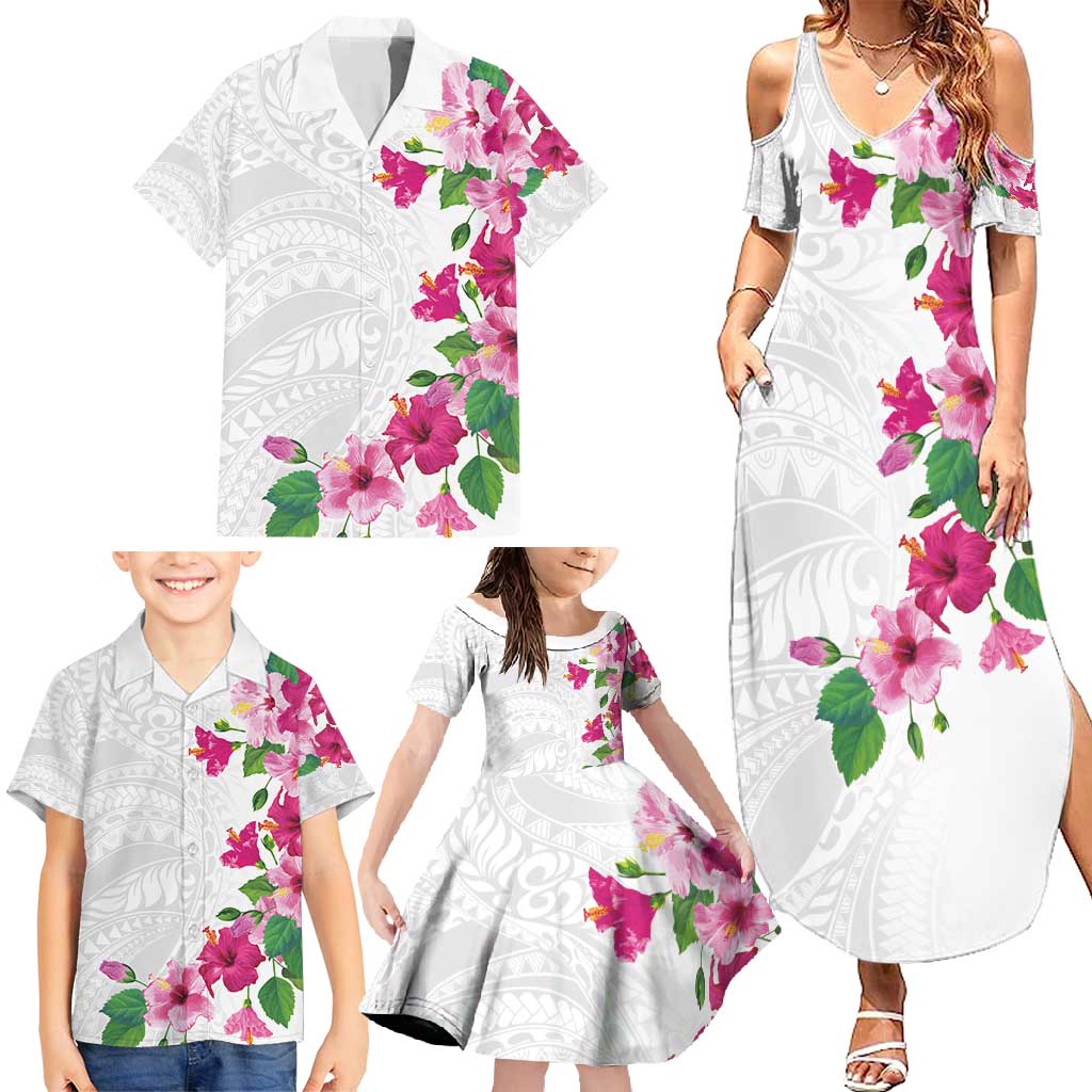 Hawaiian Hibiscus and Art Polynesian Tattoo Family Matching Summer Maxi Dress and Hawaiian Shirt White Color