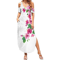 Hawaiian Hibiscus and Art Polynesian Tattoo Family Matching Summer Maxi Dress and Hawaiian Shirt White Color