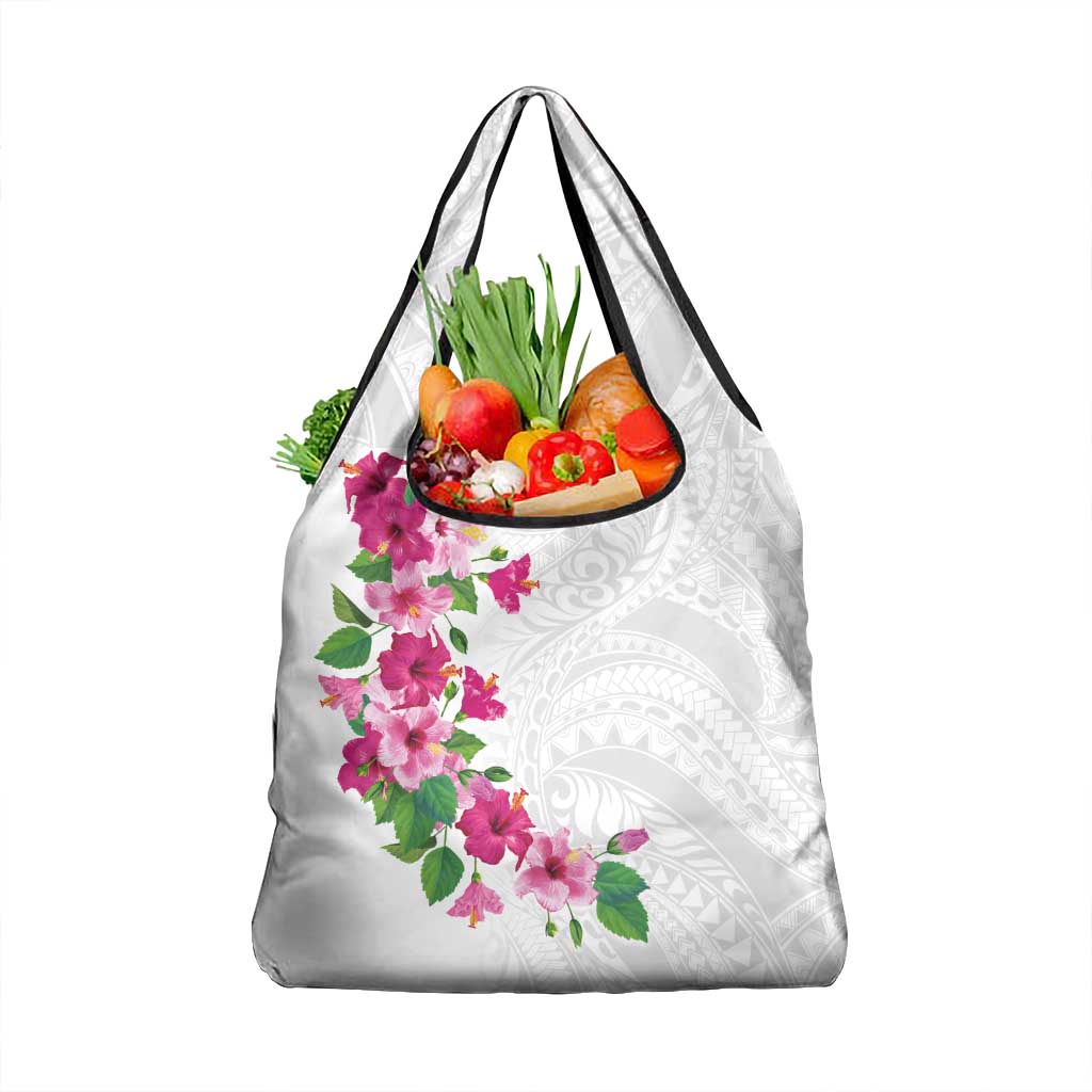 Hawaiian Hibiscus and Art Polynesian Tattoo Grocery Bag White Color