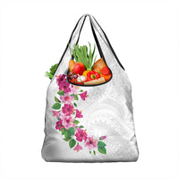 Hawaiian Hibiscus and Art Polynesian Tattoo Grocery Bag White Color