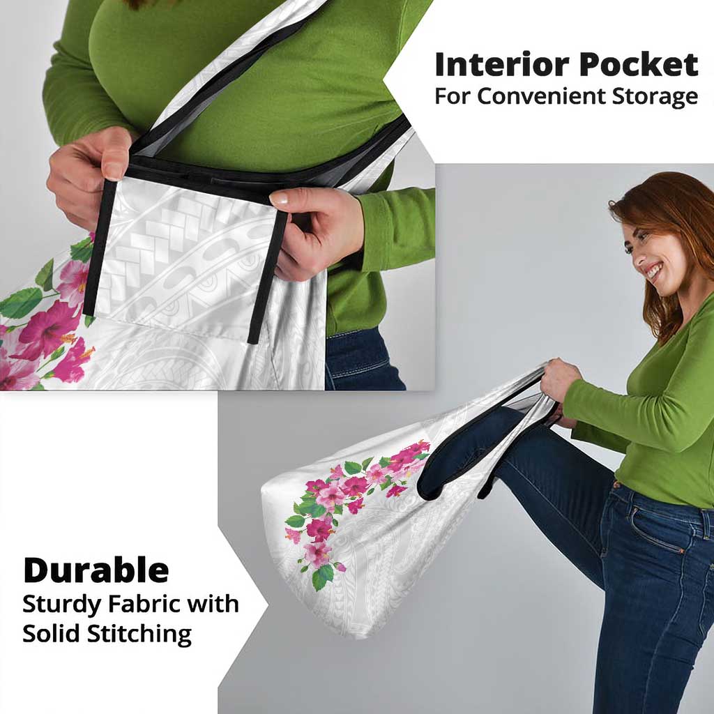 Hawaiian Hibiscus and Art Polynesian Tattoo Grocery Bag White Color