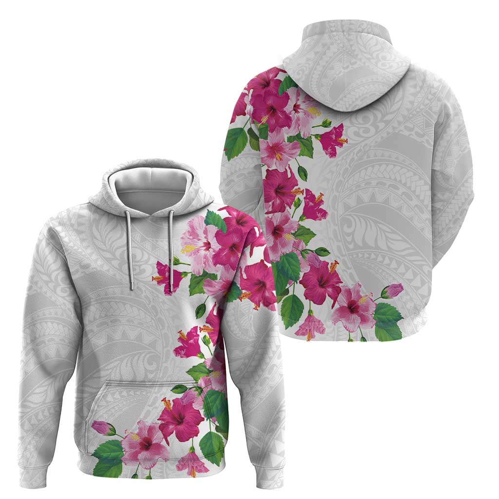 Hawaiian Hibiscus and Art Polynesian Tattoo Hoodie White Color