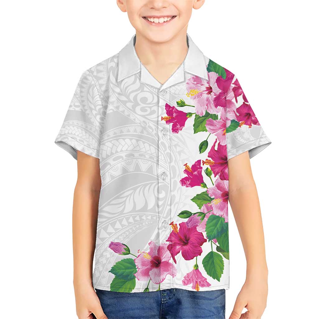Hawaiian Hibiscus and Art Polynesian Tattoo Kid Hawaiian Shirt White Color