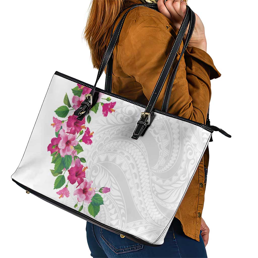 Hawaiian Hibiscus and Art Polynesian Tattoo Leather Tote Bag White Color