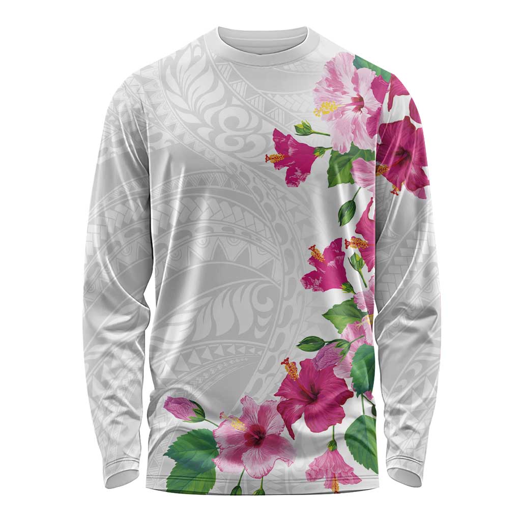 Hawaiian Hibiscus and Art Polynesian Tattoo Long Sleeve Shirt White Color