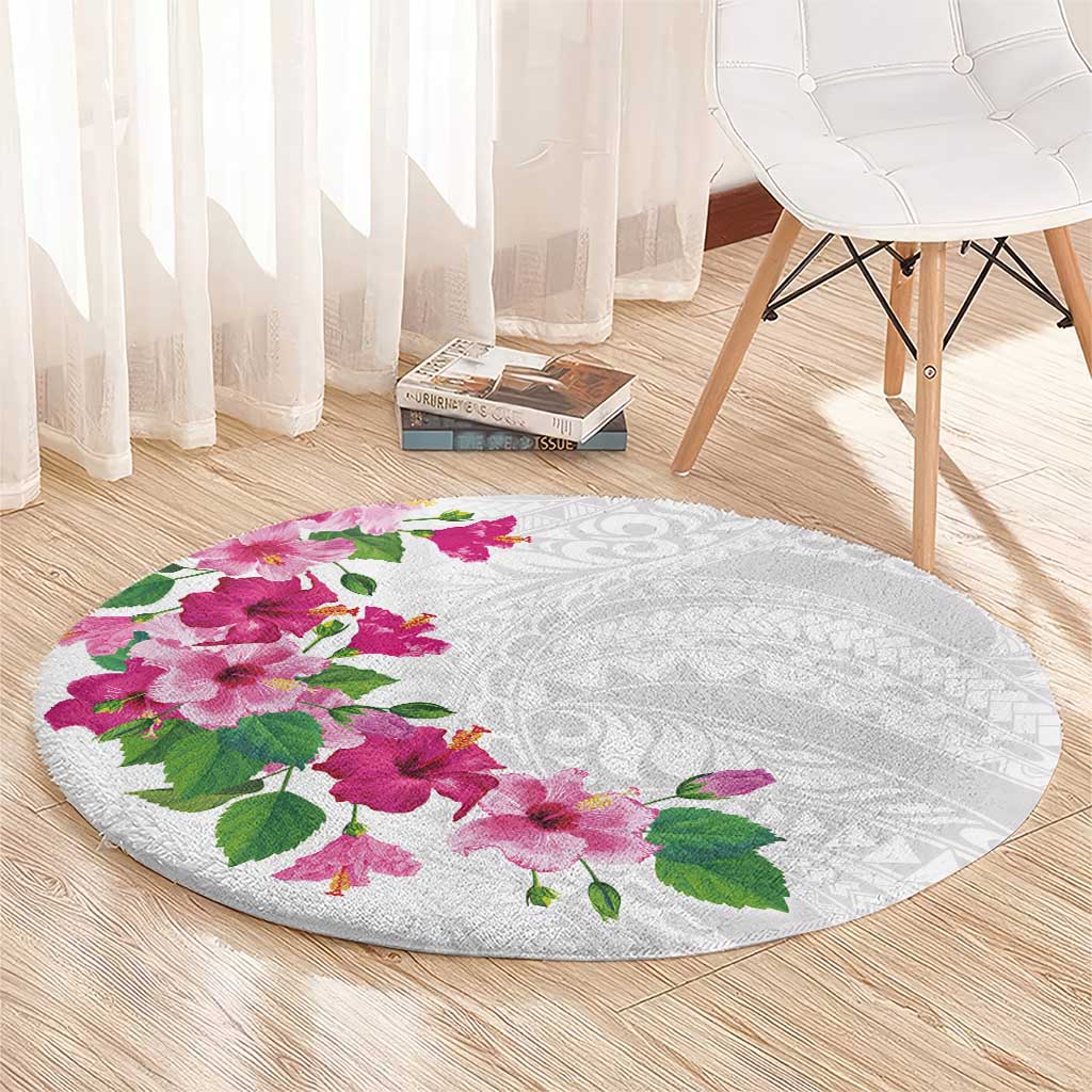 Hawaiian Hibiscus and Art Polynesian Tattoo Round Carpet White Color
