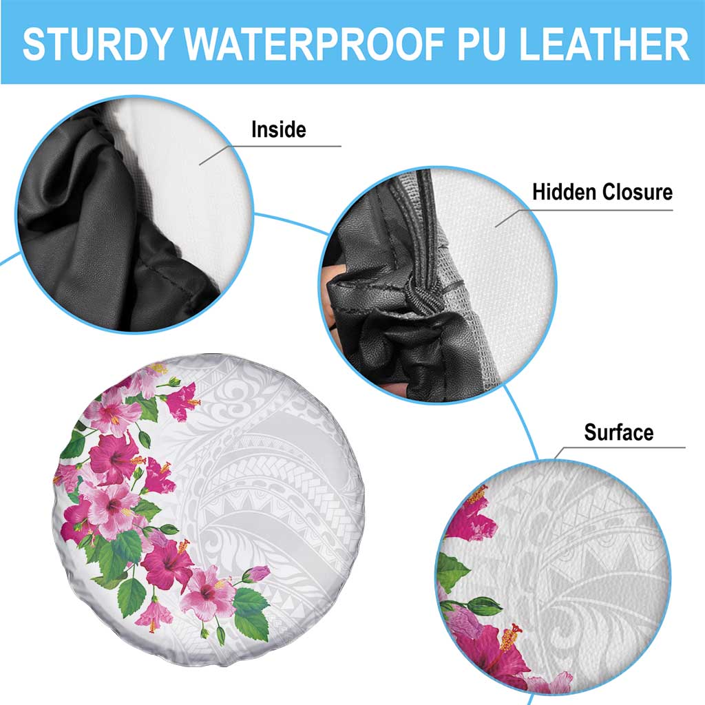 Hawaiian Hibiscus and Art Polynesian Tattoo Spare Tire Cover White Color