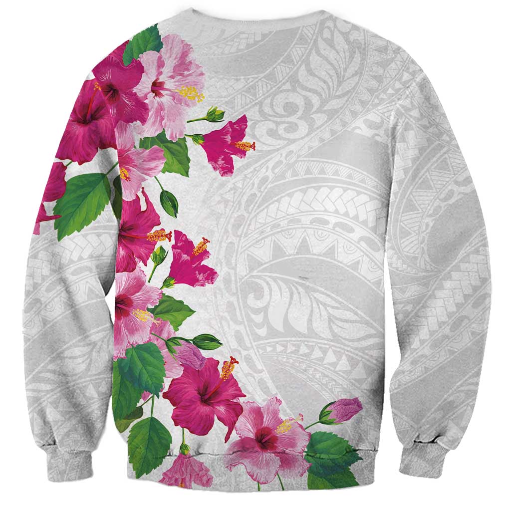 Hawaiian Hibiscus and Art Polynesian Tattoo Sweatshirt White Color