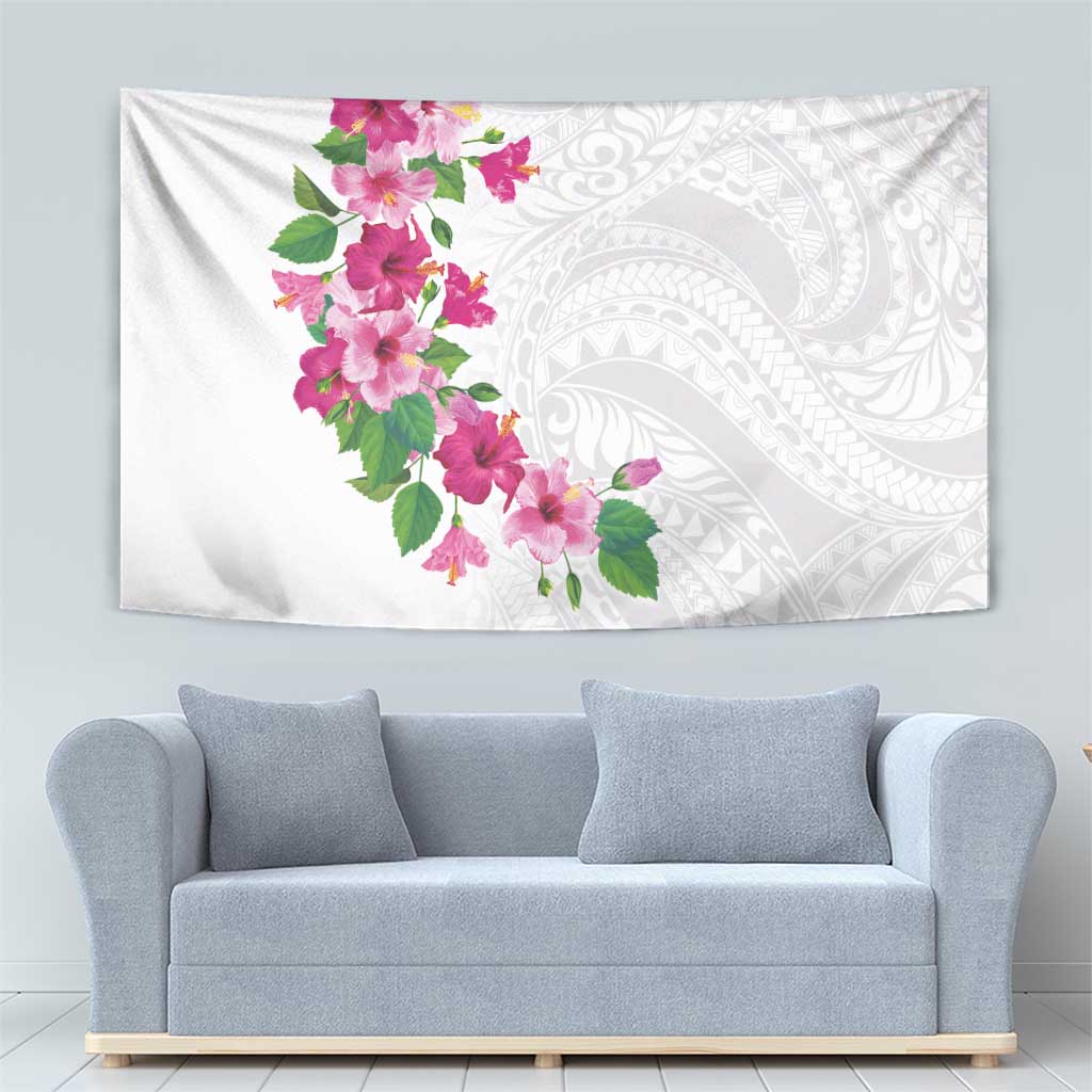 Hawaiian Hibiscus and Art Polynesian Tattoo Tapestry White Color