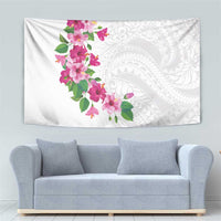 Hawaiian Hibiscus and Art Polynesian Tattoo Tapestry White Color
