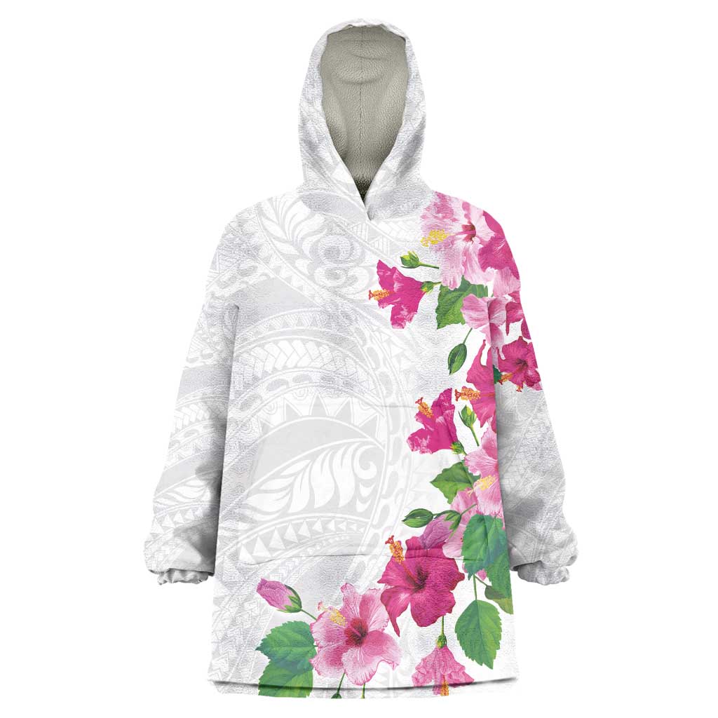 Hawaiian Hibiscus and Art Polynesian Tattoo Wearable Blanket Hoodie White Color
