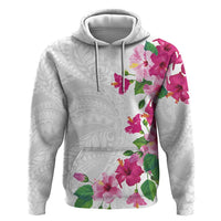 Hawaiian Hibiscus and Art Polynesian Tattoo Zip Hoodie White Color