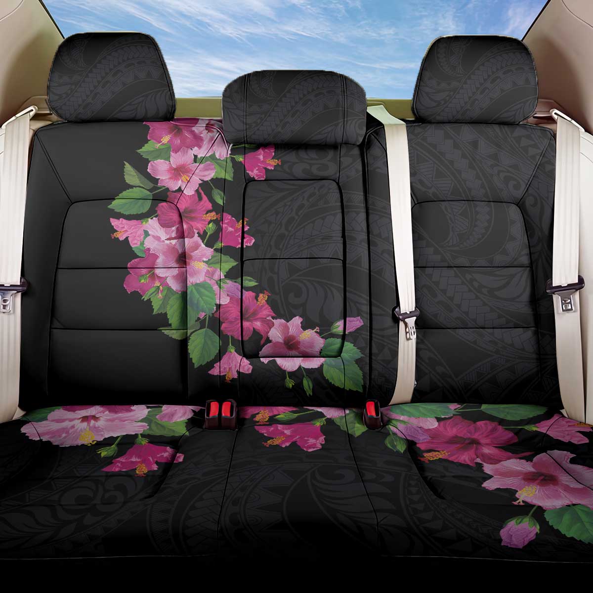 Hawaiian Hibiscus and Art Polynesian Tattoo Back Car Seat Cover Black Color