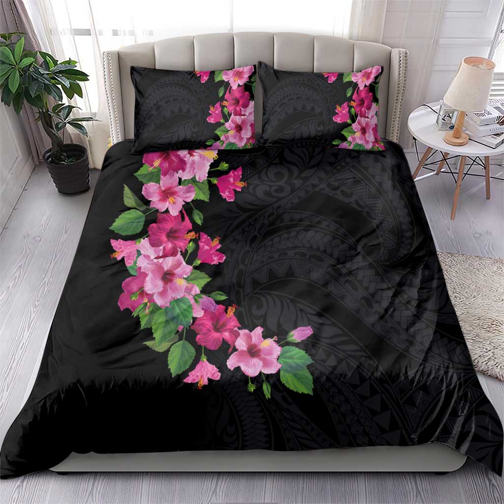 Hawaiian Hibiscus and Art Polynesian Tattoo Bedding Set Black Color