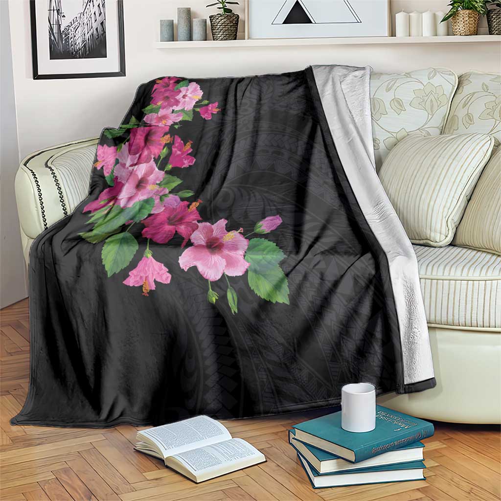 Hawaiian Hibiscus and Art Polynesian Tattoo Blanket Black Color