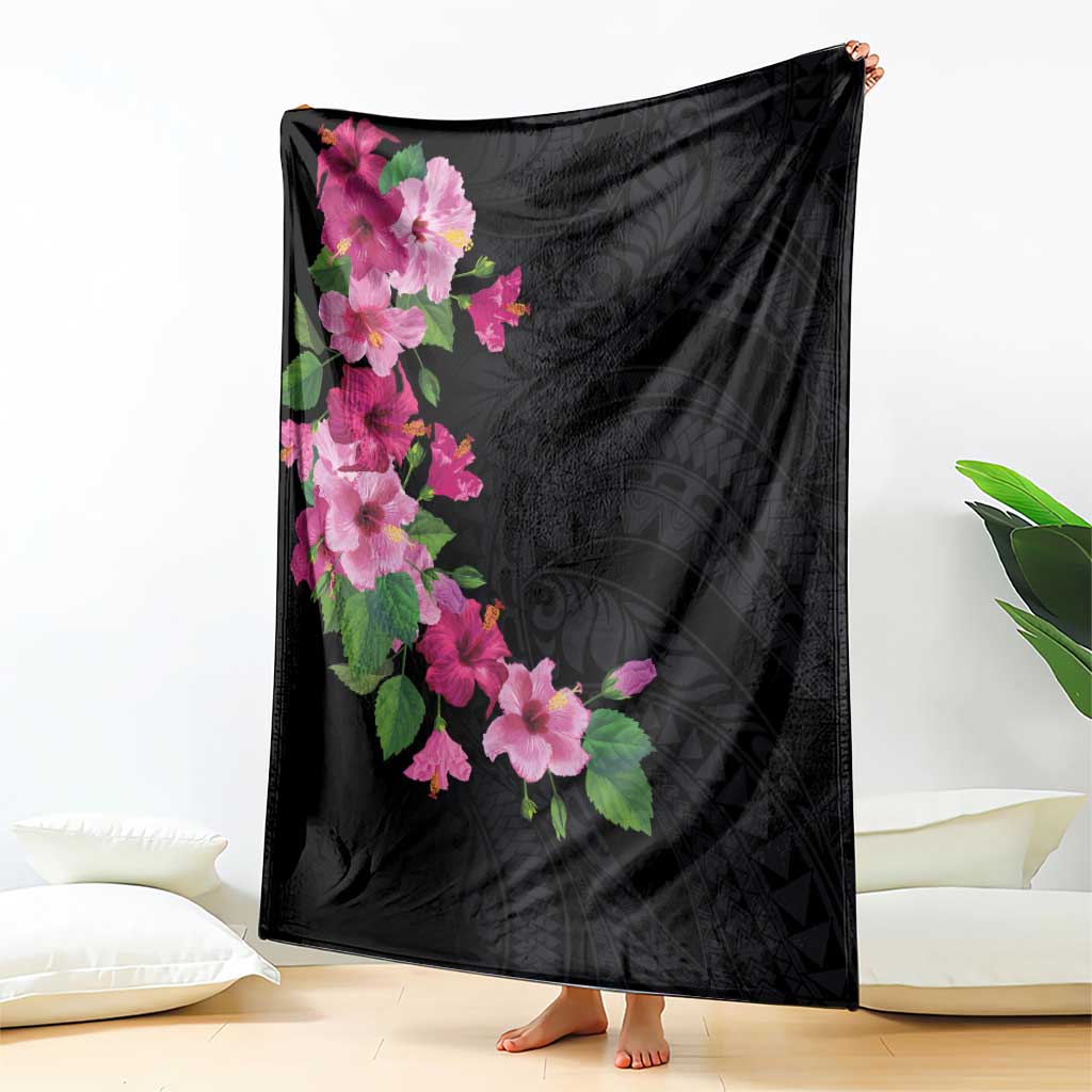 Hawaiian Hibiscus and Art Polynesian Tattoo Blanket Black Color