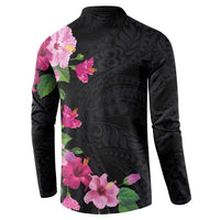 Hawaiian Hibiscus and Art Polynesian Tattoo Button Sweatshirt Black Color