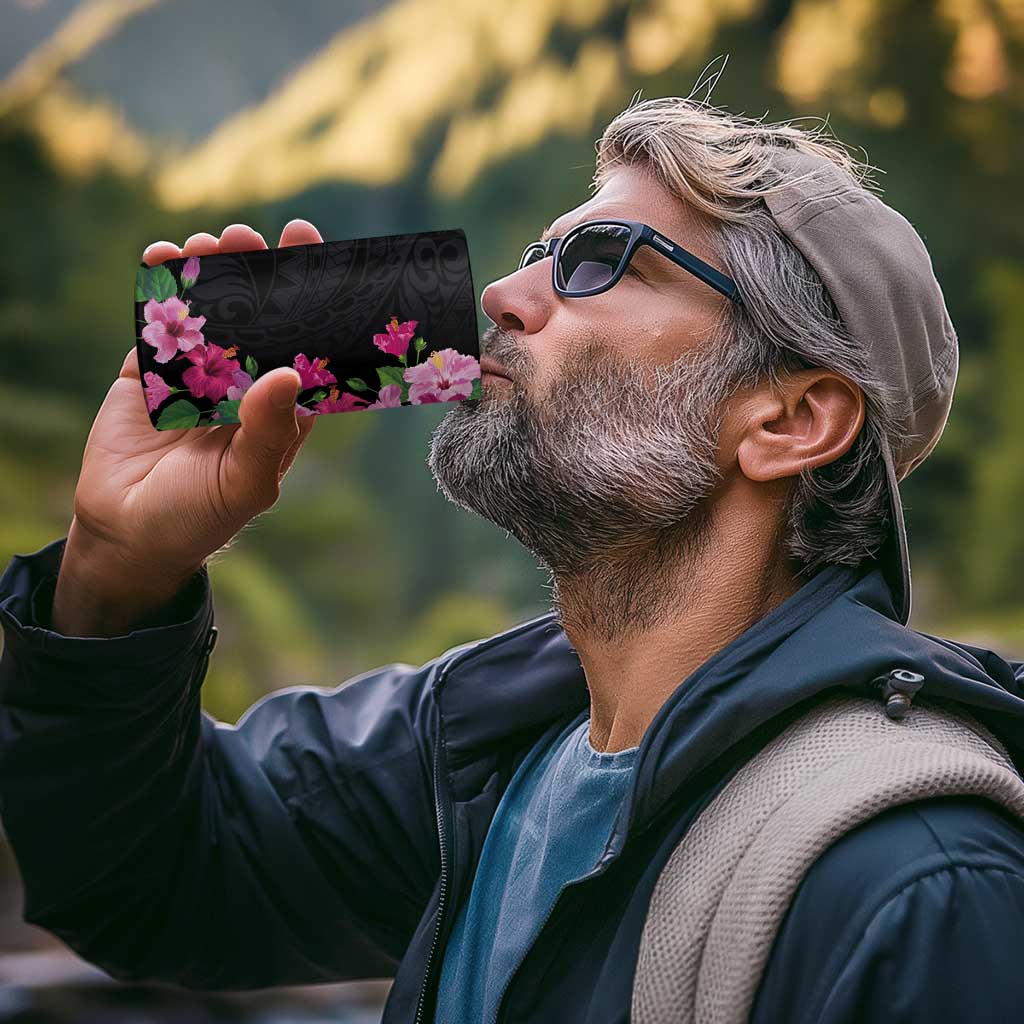 Hawaiian Hibiscus and Art Polynesian Tattoo 4 in 1 Can Cooler Tumbler Black Color