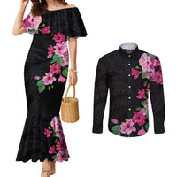 Hawaiian Hibiscus and Art Polynesian Tattoo Couples Matching Mermaid Dress and Long Sleeve Button Shirt Black Color