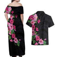 Hawaiian Hibiscus and Art Polynesian Tattoo Couples Matching Off Shoulder Maxi Dress and Hawaiian Shirt Black Color