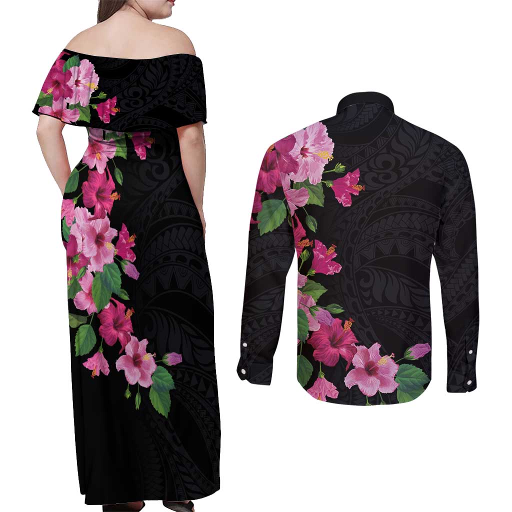 Hawaiian Hibiscus and Art Polynesian Tattoo Couples Matching Off Shoulder Maxi Dress and Long Sleeve Button Shirt Black Color